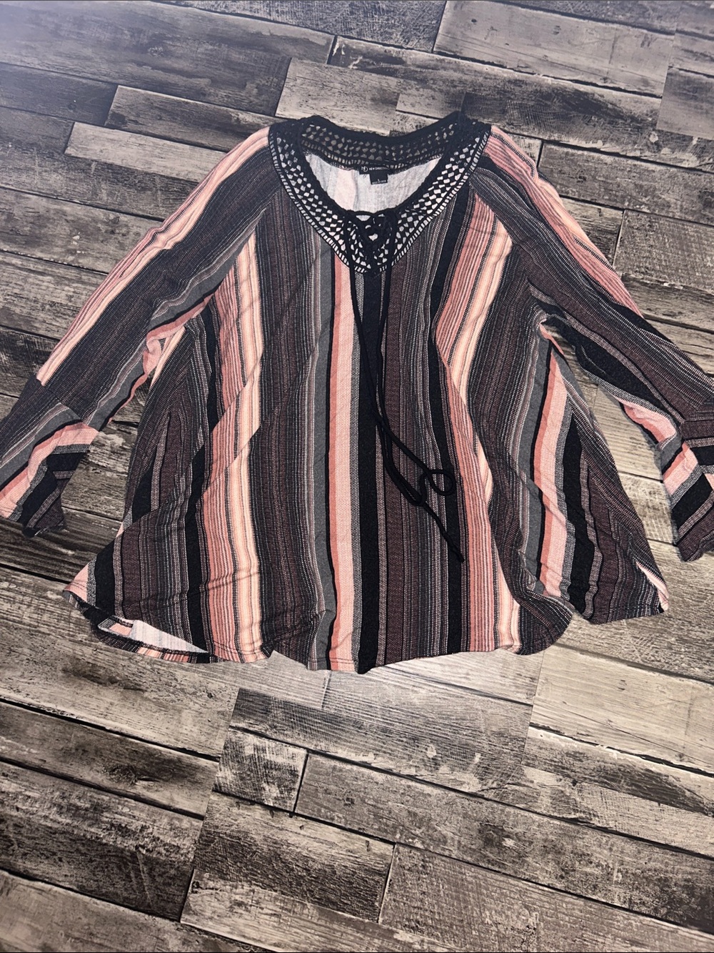 new directions Pink & Black Striped Crochet-Trim Tunic